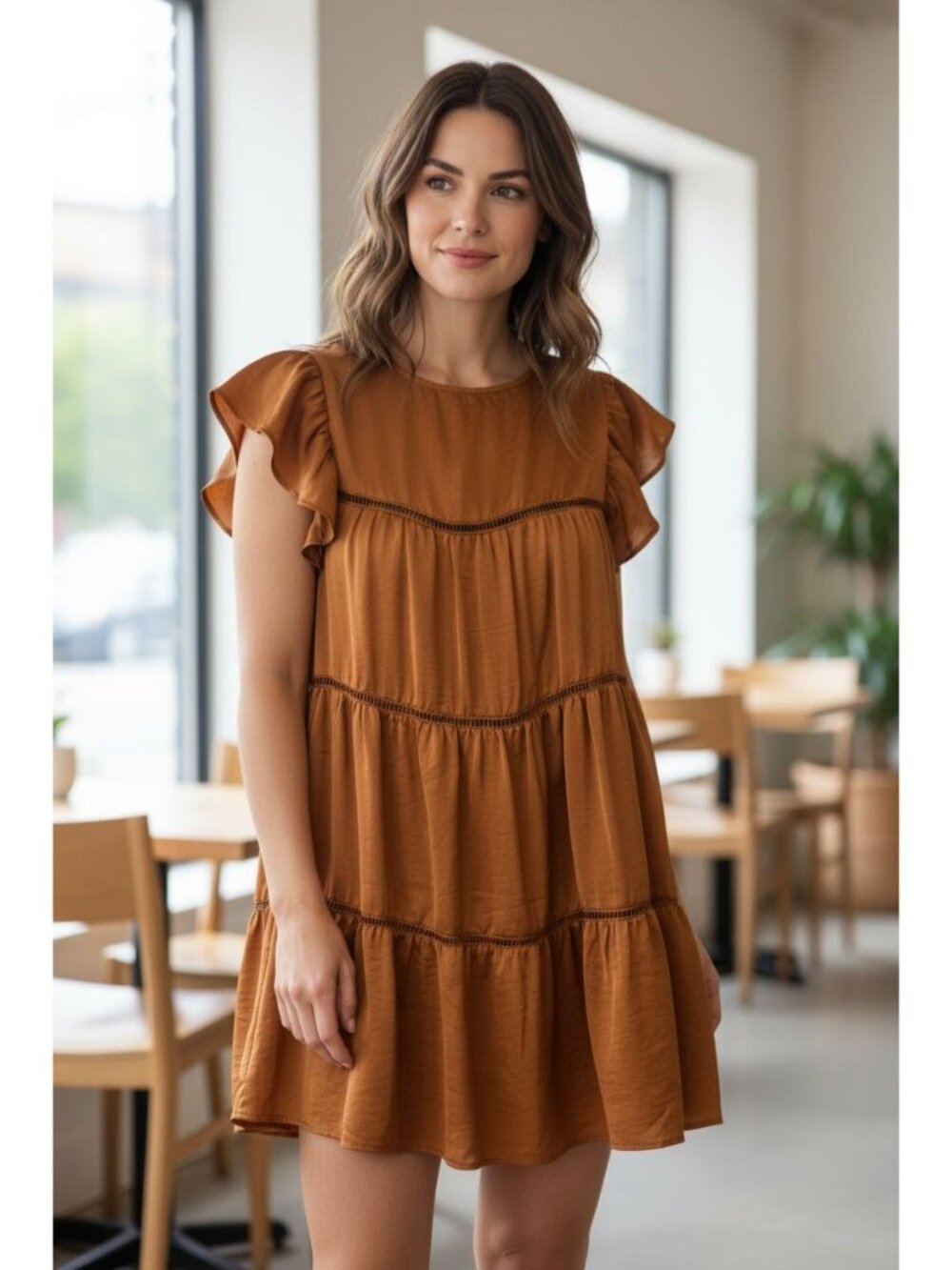 Lumière Women's Tiered Ruffle Mini Dress In Rust Orange Size Small Polyester/Ray